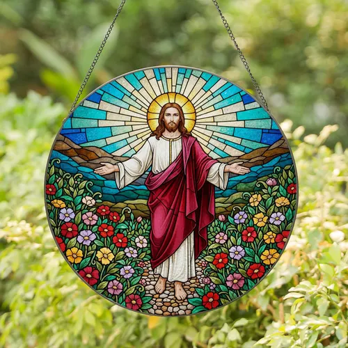 Jesus Christ Stained Glass Tiffany Style - Radiant Sun Halo Garden Faith Home Decor Stained Glass Suncatcher