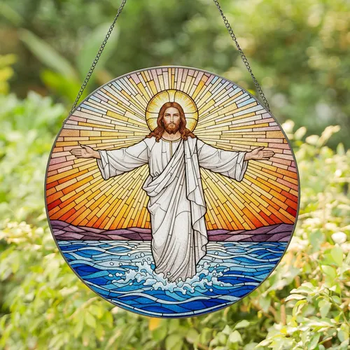 Jesus Christ Stained Glass Art Golden Halo Sunset Sky Radiating Sunburst Tiffany Style Stained Glass Suncatcher
