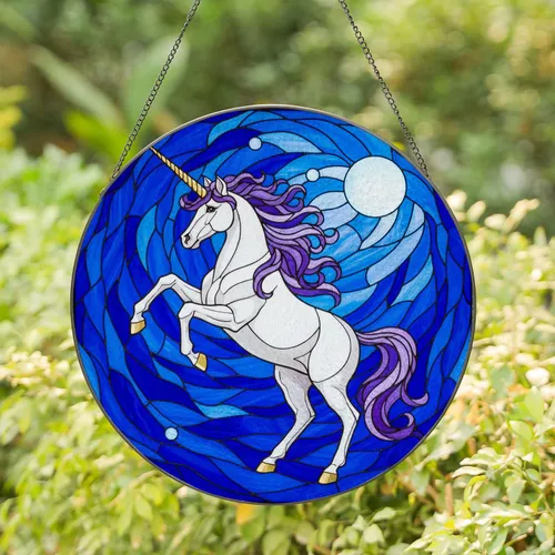 Majestic White Unicorn Stained Glass Full Moon Art - Tiffany Style Fantasy Home Decor Stained Glass Suncatcher