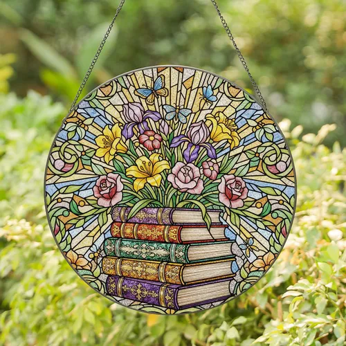 Tiffany Stained Glass Books with Blossoming Flowers Butterflies & Intricate Floral Mosaic Stained Glass Suncatcher