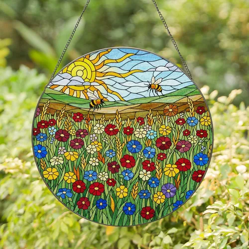 Tiffany Stained Glass Wildflower Meadow Honeybee Sun Jewel Tone Rural Landscape Decor Stained Glass Suncatcher