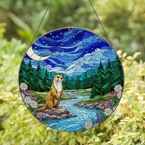 Otter Crescent Moon Stars River Wildflowers Forest Night Landscape Mosaic Stained Glass Stained Glass Suncatcher