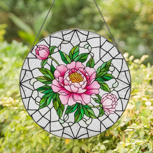 Pink Peony Flower Stained Glass Art - Intricate Tiffany Mosaic Jewel Tones Floral Design Stained Glass Suncatcher