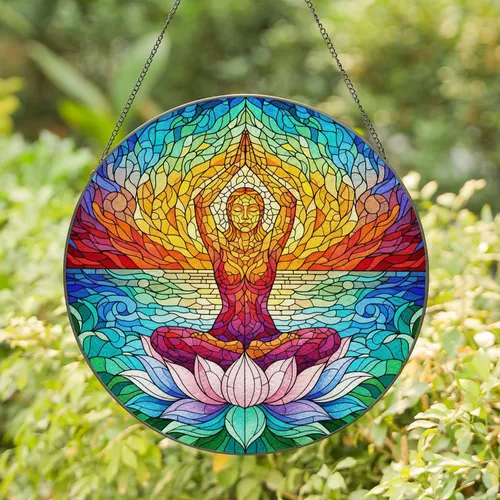 Meditative Lotus Woman Tiffany Stained Glass Mosaic - Sunset Water Sky Zen Yoga Art Stained Glass Suncatcher