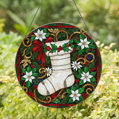 Christmas Stocking Holly Poinsettia Evergreen Mosaic Stained Glass Art - Holiday Gift Stained Glass Suncatcher