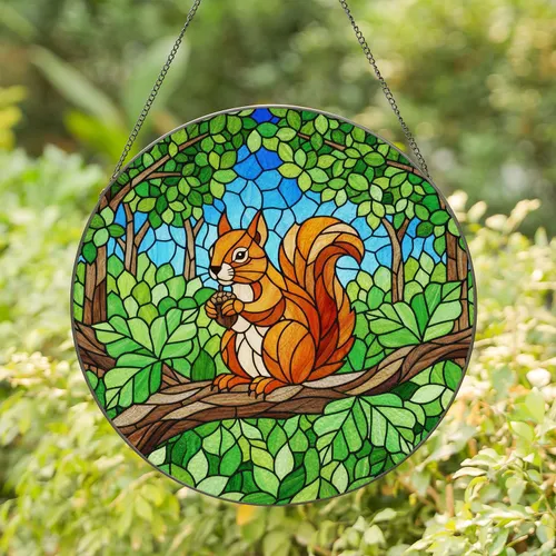 Squirrel Acorn Tree Branch Forest Foliage Stained Glass Art - Jewel Tone Tiffany Style Decor Stained Glass Suncatcher