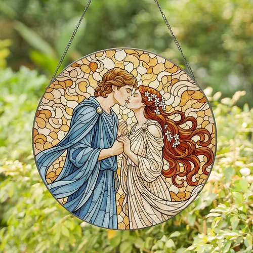 Man Woman Kiss Embrace Stained Glass Art - Tiffany Style Golden Aura Love Anniversary Gift Stained Glass Suncatcher