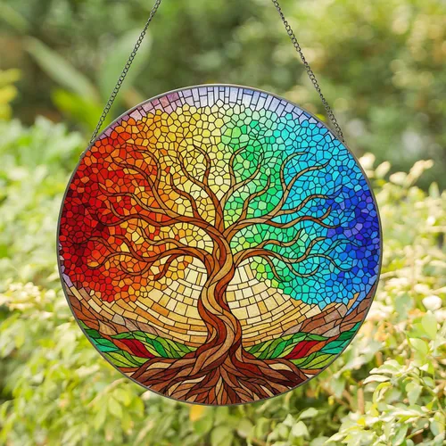 Tree of Life Four Seasons Stained Glass Vibrant Jewel Tones Intricate Mosaic Art Decor Stained Glass Suncatcher