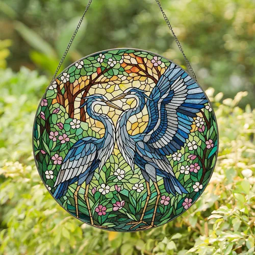 Herons Loving Pose Stained Glass Art - High Contrast Tiffany Jewel Tones Mosaic Stained Glass Suncatcher