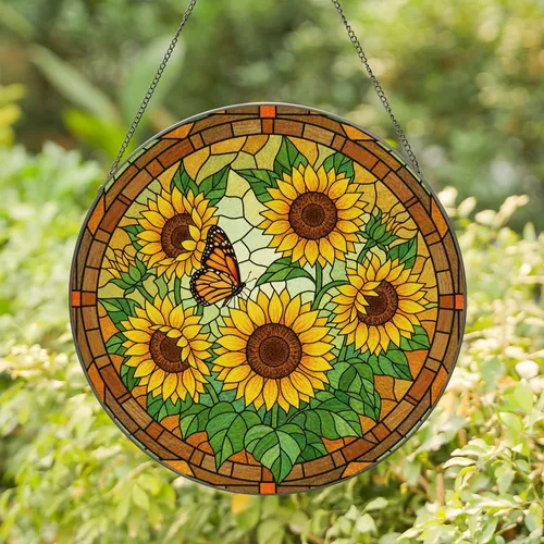 Monarch Butterfly Sunflower Stained Glass Art - Tiffany Style Intricate Floral Mosaic Stained Glass Suncatcher