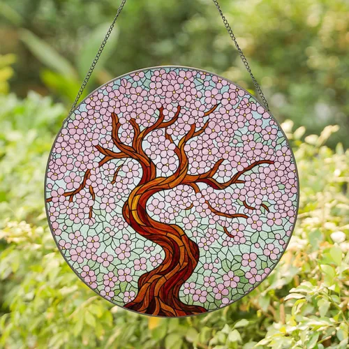 Gnarled Cherry Blossom Tree Stained Glass - Pink Flowers Dense Mosaic Art Gift Stained Glass Suncatcher