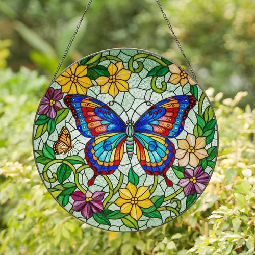 Intricate Tiffany Style Stained Glass Butterfly Flowers Mosaic with Colorful Jewel Tones Stained Glass Suncatcher