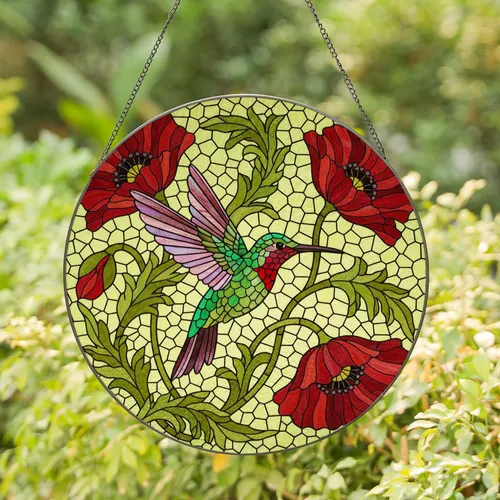 Intricate Hummingbird Poppy Stained Glass Mosaic - Window Art Home Decor Gift Stained Glass Suncatcher