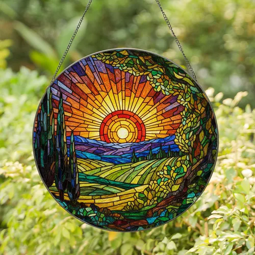 Tiffany Style Stained Glass Sun Mosaic Rolling Hills Cypress Trees Home Accent Stained Glass Suncatcher