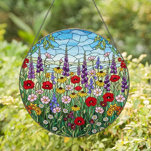 Stained Glass Wildflower Meadow Poppies Cosmos Tiffany Style Bluebells Coneflowers Stained Glass Suncatcher