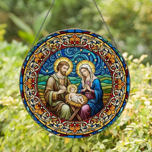 Holy Family Stained Glass Mary Jesus Joseph - Intricate Floral Christian Home Decor Gift Stained Glass Suncatcher