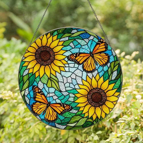 Monarch Butterflies Sunflowers Tiffany Style Stained Glass Mosaic Foliage Sky Art Stained Glass Suncatcher