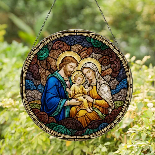 Holy Family Stained Glass Art - Joseph, Mary, Infant Jesus Tiffany Style Christian Gift Stained Glass Suncatcher