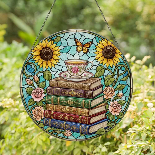 Tiffany Style Books Teacup Sunflowers Roses Butterfly Stained Glass Mosaic Home Decor Stained Glass Suncatcher
