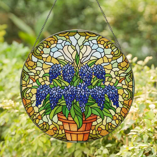 Potted Plant Blue Purple Flowers Stained Glass Mosaic Tiffany Style Window Art Home Accent Gift Stained Glass Suncatcher