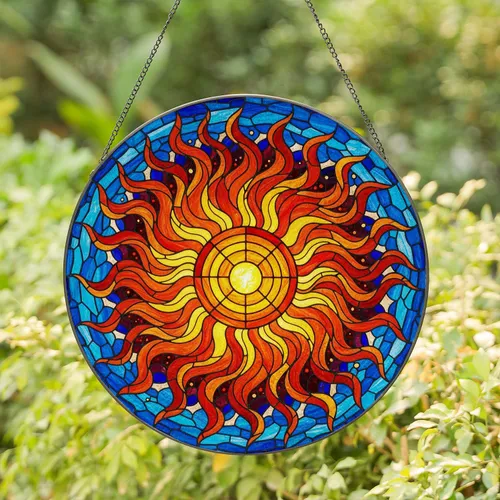 Glowing Stained Glass Sun Mosaic Tiffany Style - Fiery Solar Flare Window Art Decor Stained Glass Suncatcher