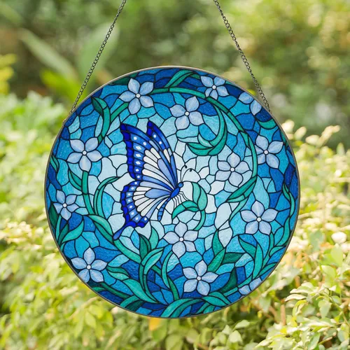 Tiffany Style Stained Glass Butterfly Floral Mosaic Art - Blue Green White Jewel Tones Stained Glass Suncatcher