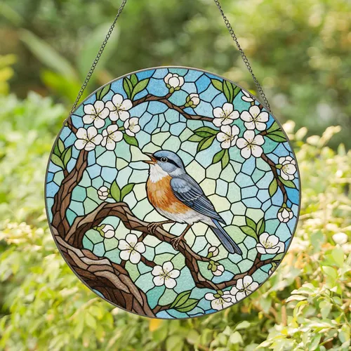 Colorful Translucent Singing Bird on Gnarled Branch Stained Glass Art - Tiffany Style Mosaic Flowers Stained Glass Suncatcher