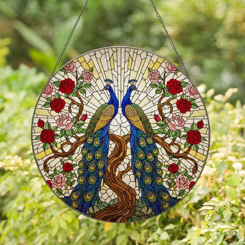 Regal Peacocks Stained Glass Art - Tiffany Style Tree Branch Roses Blooming Sky Mosaic Stained Glass Suncatcher