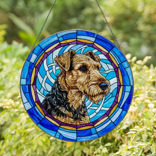 Airedale Terrier Dog Stained Glass Portrait Tiffany Style Jewel Tone Art Window Decor Stained Glass Suncatcher
