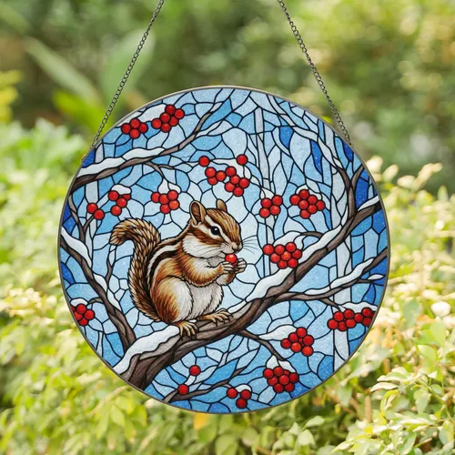 Stained Glass Chipmunk Red Berries Winter Tree Branch Mosaic Art Tiffany Glass Style Stained Glass Suncatcher
