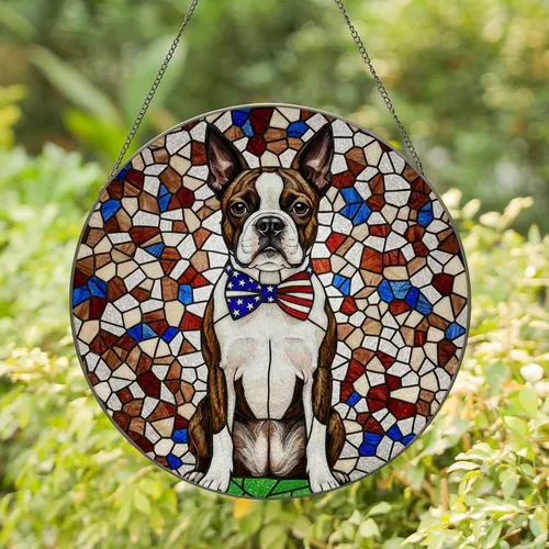 Patriotic Boston Terrier Brindle White Dog Stained Glass Mosaic - USA Dog Lover Gift Stained Glass Suncatcher