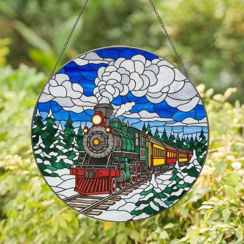 Stained Glass Steam Locomotive Train - Snowy Landscape Pine Trees Passenger Cars Winter Scene Stained Glass Suncatcher