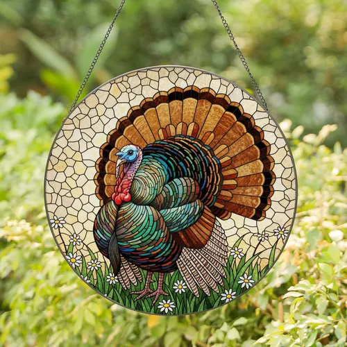 Wild Turkey Stained Glass Art - Fanned Tail Iridescent Bird Wildlife Home Decor Stained Glass Suncatcher