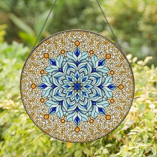 Tiffany Stained Glass Snowflake Mandala - Icy Blue Sapphire Amber Window Decor Stained Glass Suncatcher
