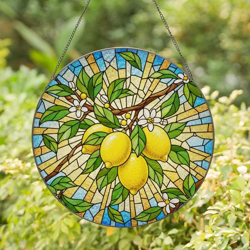 Yellow Lemons Citrus Blossoms Stained Glass Nature Decor - Intricate Botanical Sunlight Mosaic Stained Glass Suncatcher