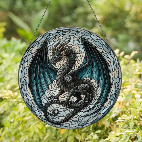 Majestic Dark Dragon Stained Glass Art - Tiffany Style Jewel Tone Swirling Mosaic Stained Glass Suncatcher