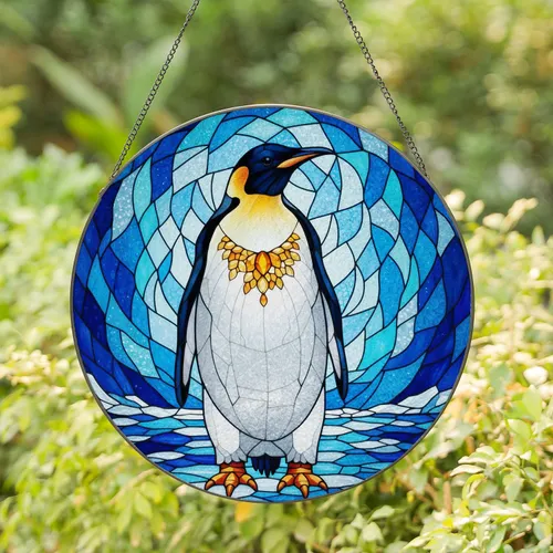 Emperor Penguin Black Orange Gold Chest Stained Glass - Tiffany Icy Water Mosaic Stained Glass Suncatcher