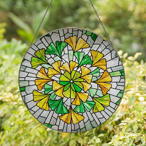 Stylized Ginkgo Leaves Stained Glass Art - Tiffany Style Mosaic Jewel Tones Green Yellow Clear Stained Glass Suncatcher