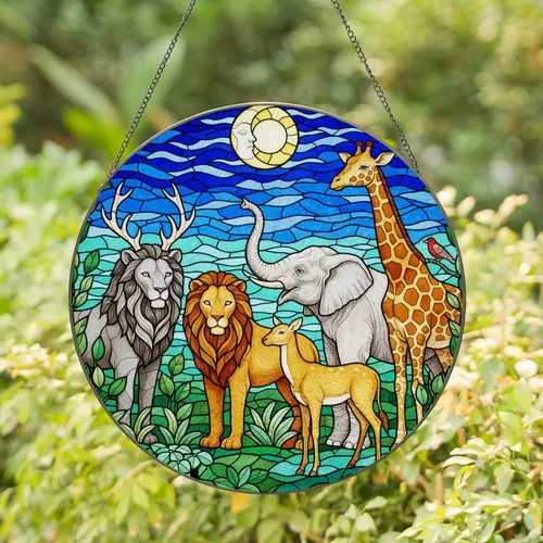 Stained Glass Wildlife Gathering Tiffany Style - Lion Elephant Deer Giraffe Bird Harmony Art Stained Glass Suncatcher