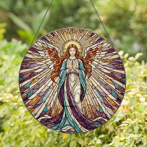 Praying Angel Stained Glass Art - Celestial Mosaic Sunrays Divine Home Decor Gift Stained Glass Suncatcher
