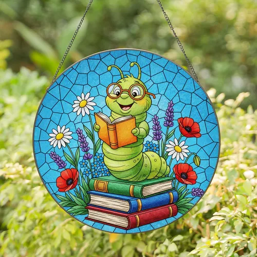Green Caterpillar Reading Books - Stained Glass Flowers & Mosaic Sky Colorful Home Art Stained Glass Suncatcher