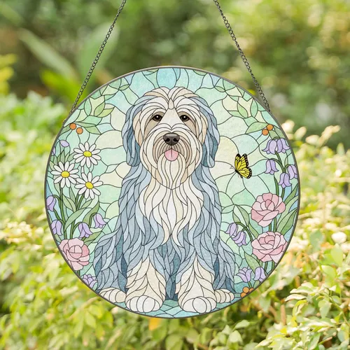 Old English Sheepdog Dog Stained Glass Flowers - Tiffany Mosaic Window Art Home Decor Stained Glass Suncatcher