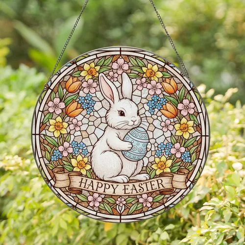 Rabbit Easter Egg Spring Flowers Tiffany Mosaic Sparkling Art - Easter Spring Decor Gift Stained Glass Suncatcher