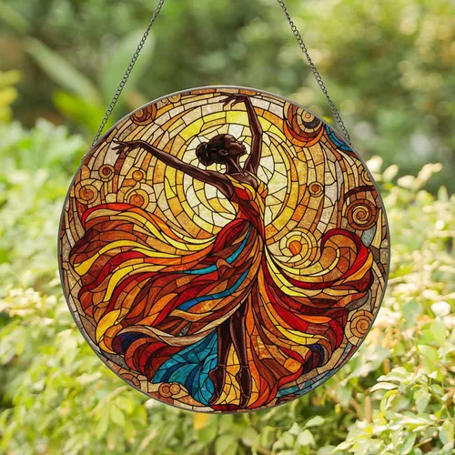 Black Woman Dancer Stained Glass Jewel Tones Mosaic Art - Elegant Figure in Motion Stained Glass Suncatcher