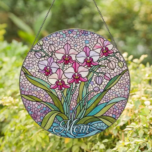 Stained Glass Orchid Flowers 'Mom' Translucent Mosaic - Jewel Tone Floral Mother's Day Gift Stained Glass Suncatcher