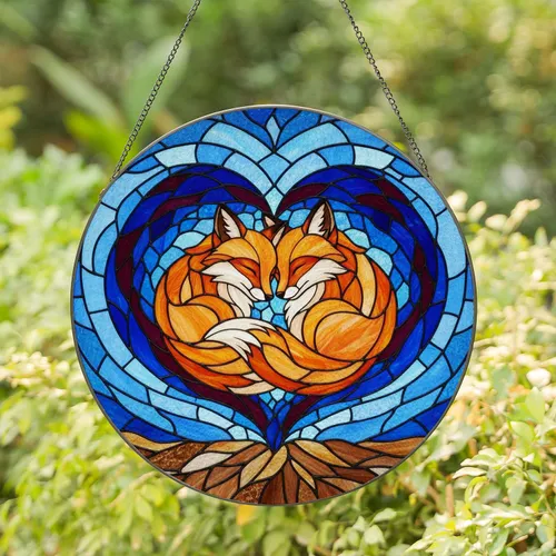 Two Red Foxes Snuggled Heart Stained Glass - Tiffany Mosaic Orange Creamy Blue Maroon Stained Glass Suncatcher