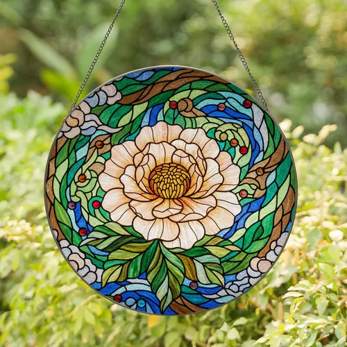 Tiffany Stained Glass Camellia Peony Bloom Jewel Tone Mosaic Art Home Decor Stained Glass Suncatcher