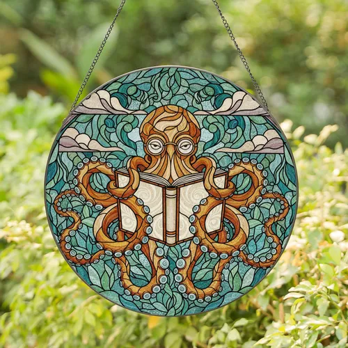 Stained Glass Scholarly Octopus Reading Book - Tiffany Jewel Tone Art & Intricate Mosaic Stained Glass Suncatcher