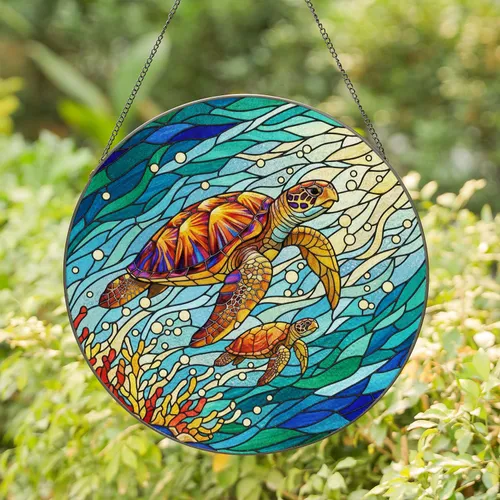 Two Sea Turtles Stained Glass Ocean Mosaic Dappled Sunlight - Jewel Tone Decor Gift Stained Glass Suncatcher