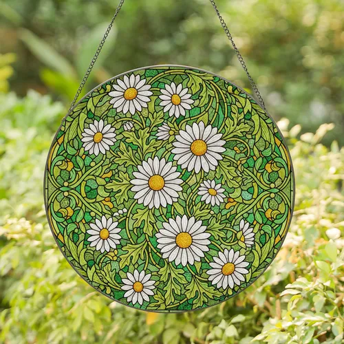 Tiffany Style Stained Glass Daisy Mosaic - Emerald Green Amber White Floral Art Decor Stained Glass Suncatcher